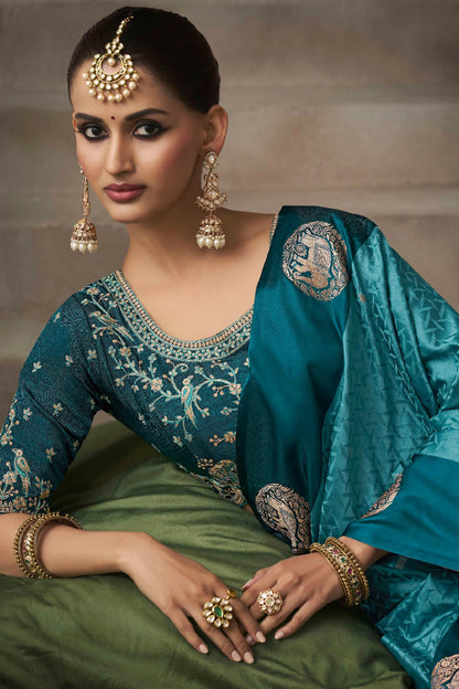 Zephyr Rama Banarasi Satin Silk Saree With Ephemeral Blouse