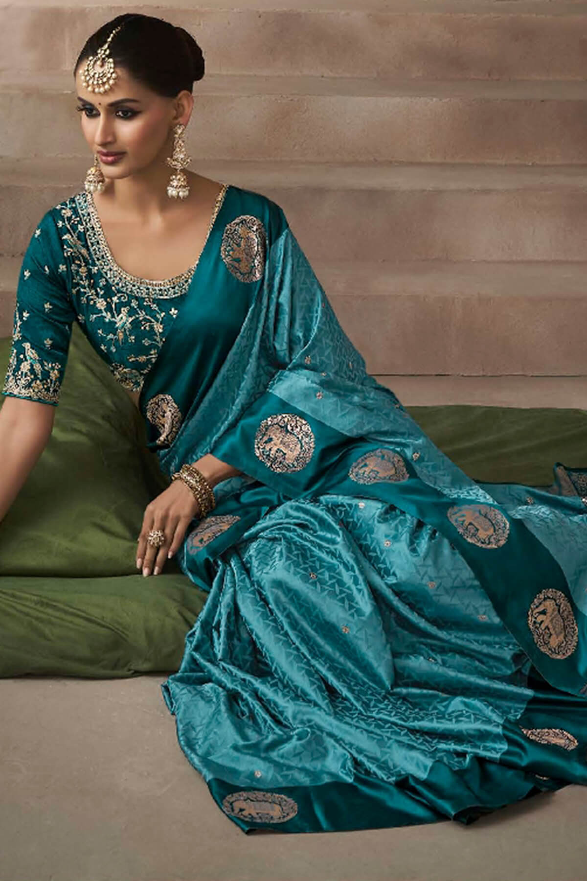 Zephyr Rama Banarasi Satin Silk Saree With Ephemeral Blouse