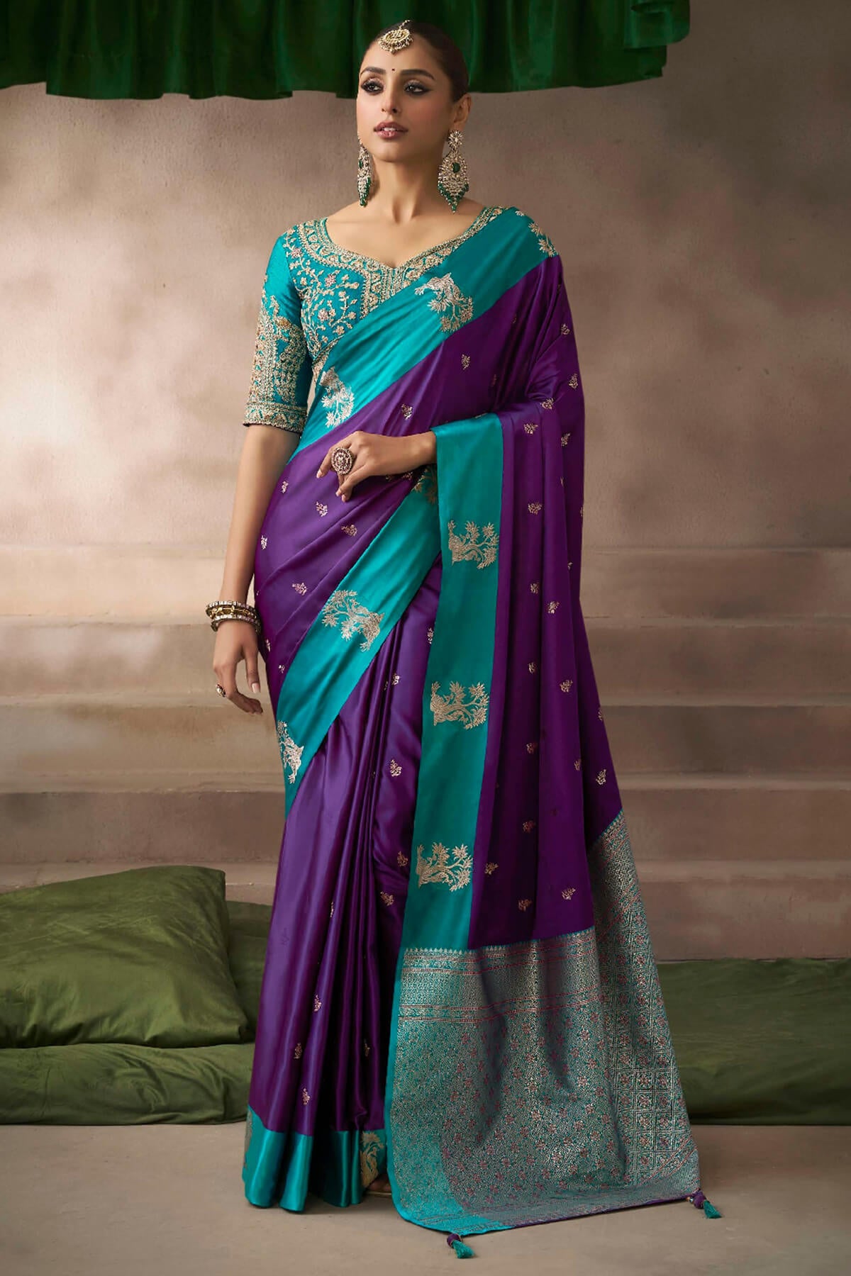 Exceptional Purple Banarasi Satin Silk Saree With Elision Blouse