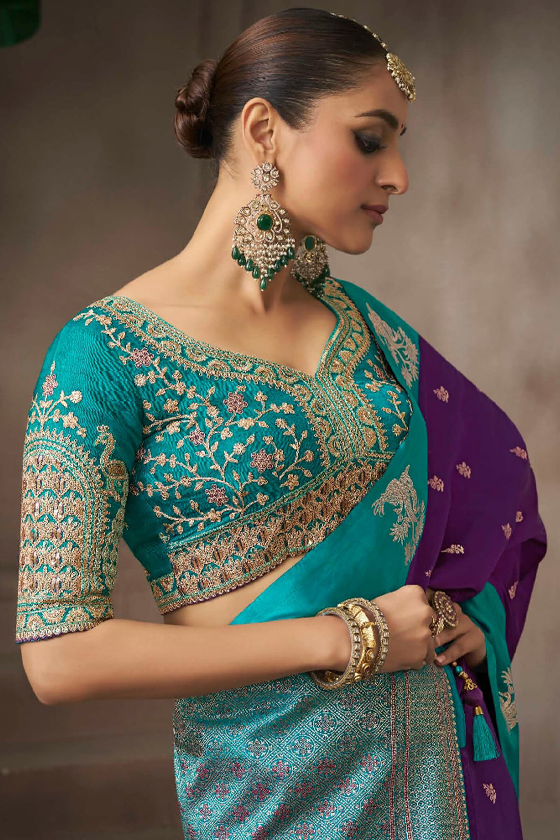 Exceptional Purple Banarasi Satin Silk Saree With Elision Blouse