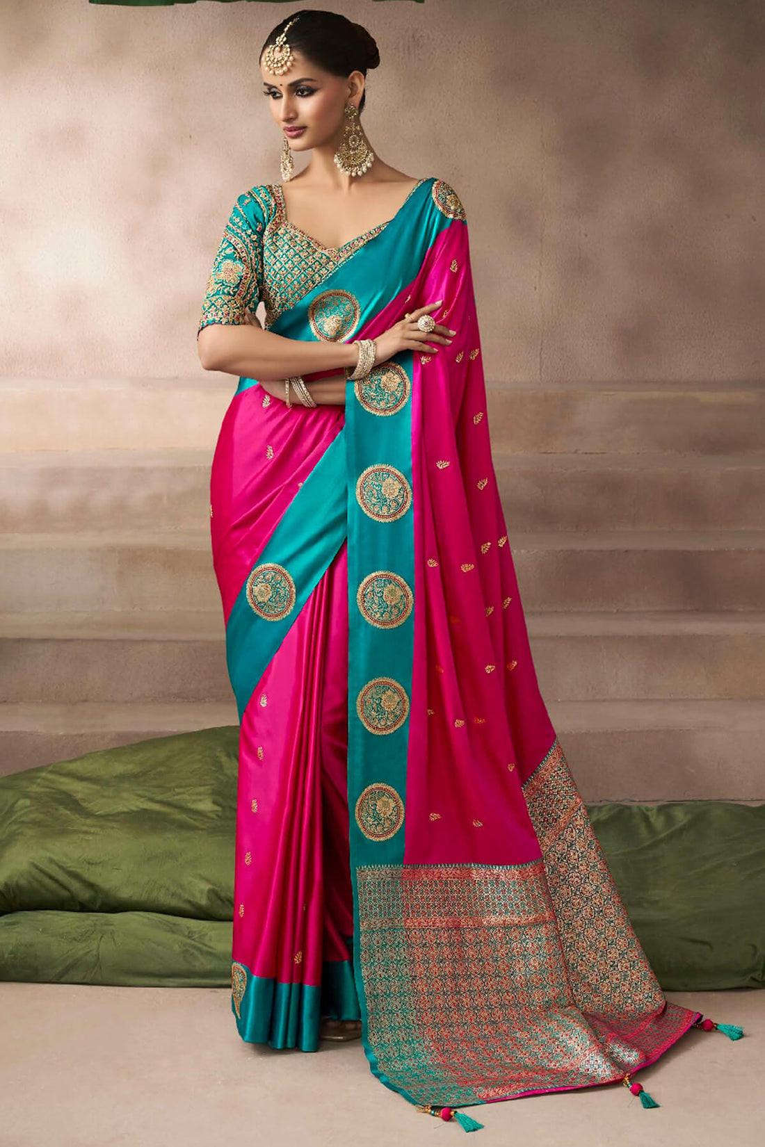 Nectarous Dark Pink Banarasi Satin Silk Saree With Blooming Blouse