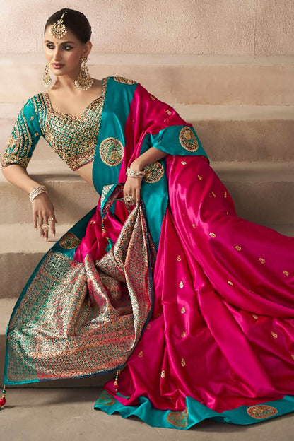 Nectarous Dark Pink Banarasi Satin Silk Saree With Blooming Blouse