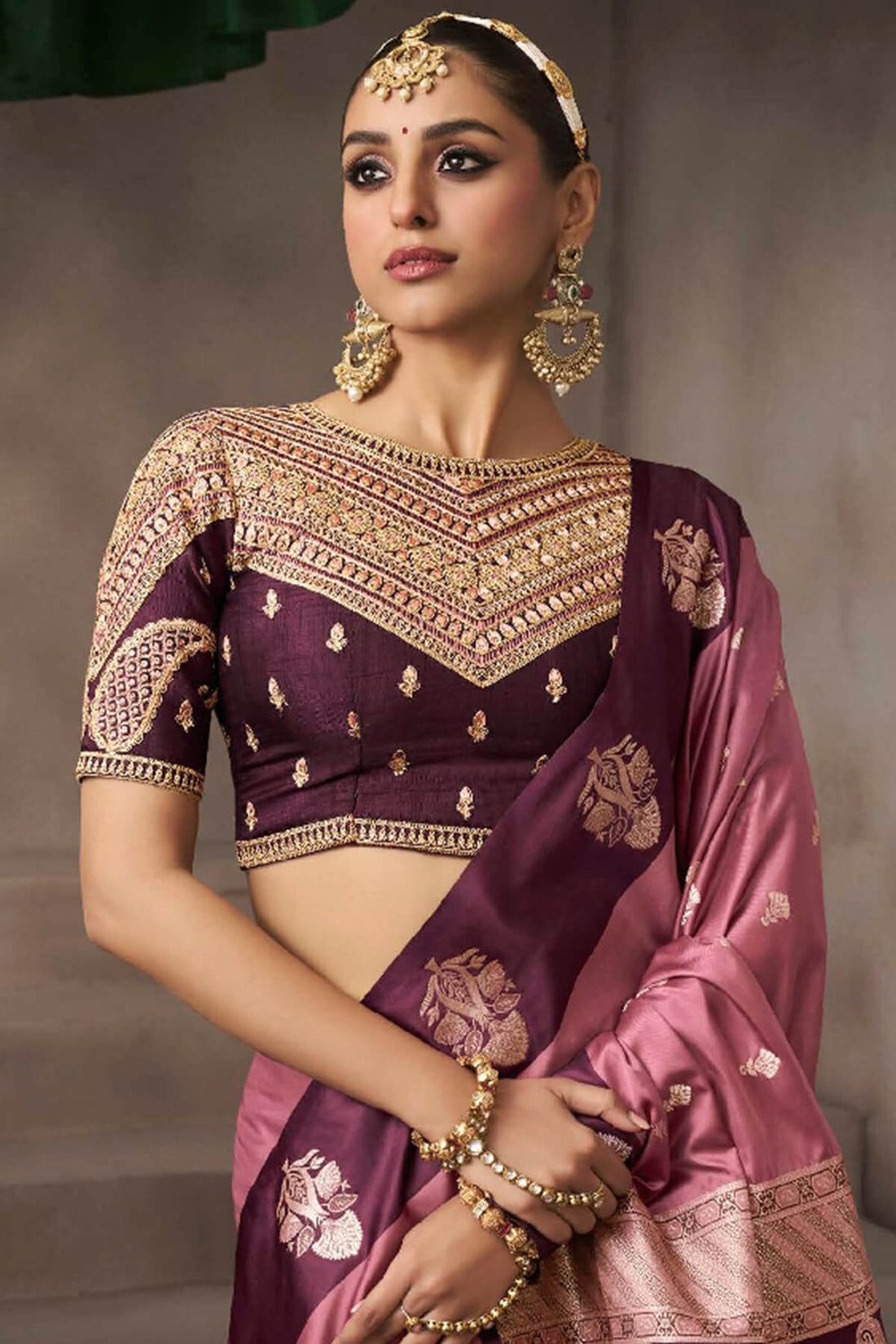Ineffable Pink Banarasi Satin Silk Saree With Vibrant Blouse