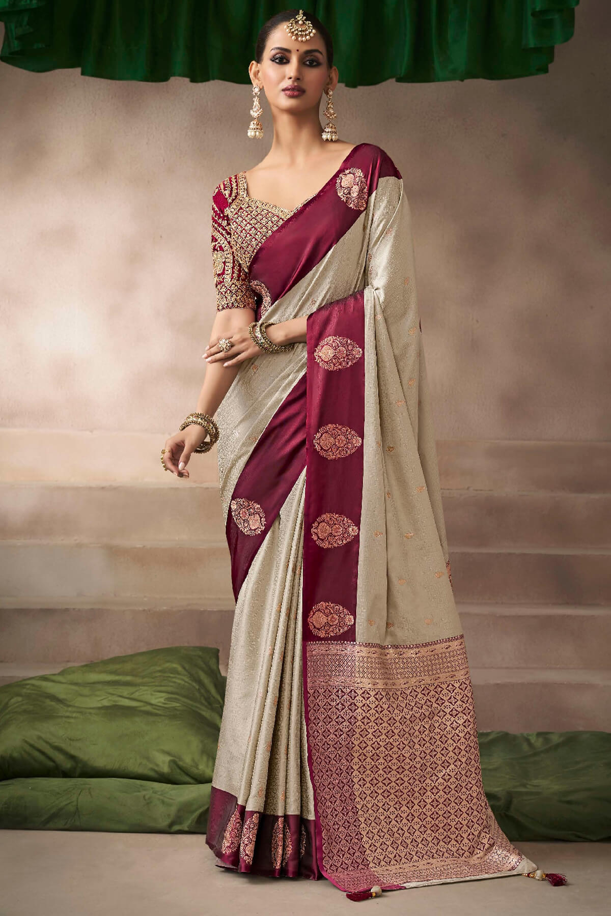 Super extravagant Beige Banarasi Satin Silk Saree With Eloquence Blouse