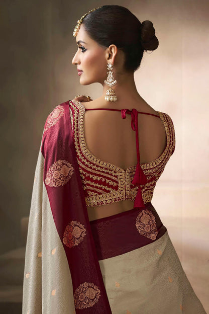 Super extravagant Beige Banarasi Satin Silk Saree With Eloquence Blouse