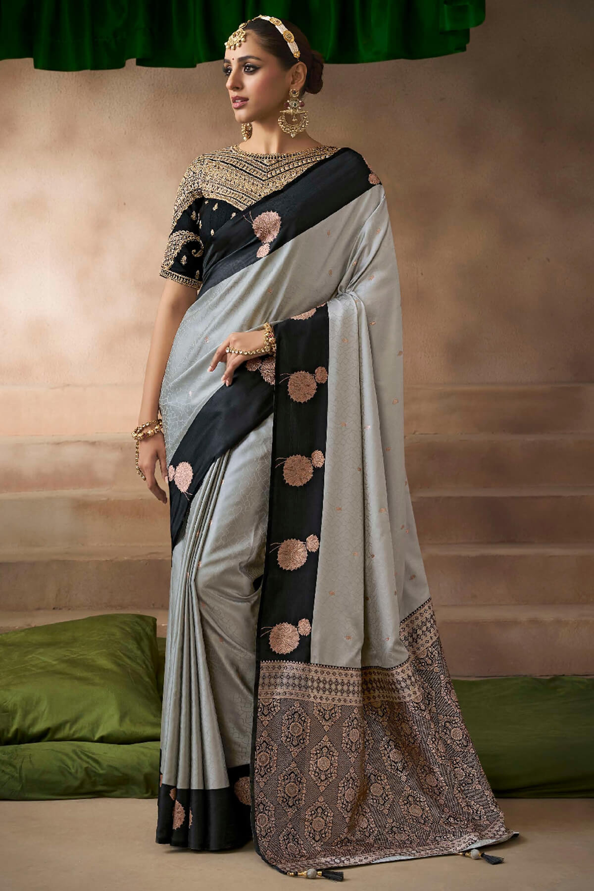 Resonant Grey Banarasi Satin Silk Saree With Enigmatic Blouse