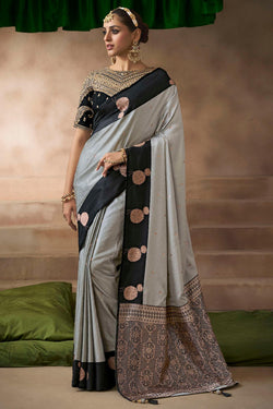 Resonant Grey Banarasi Satin Silk Saree With Enigmatic Blouse