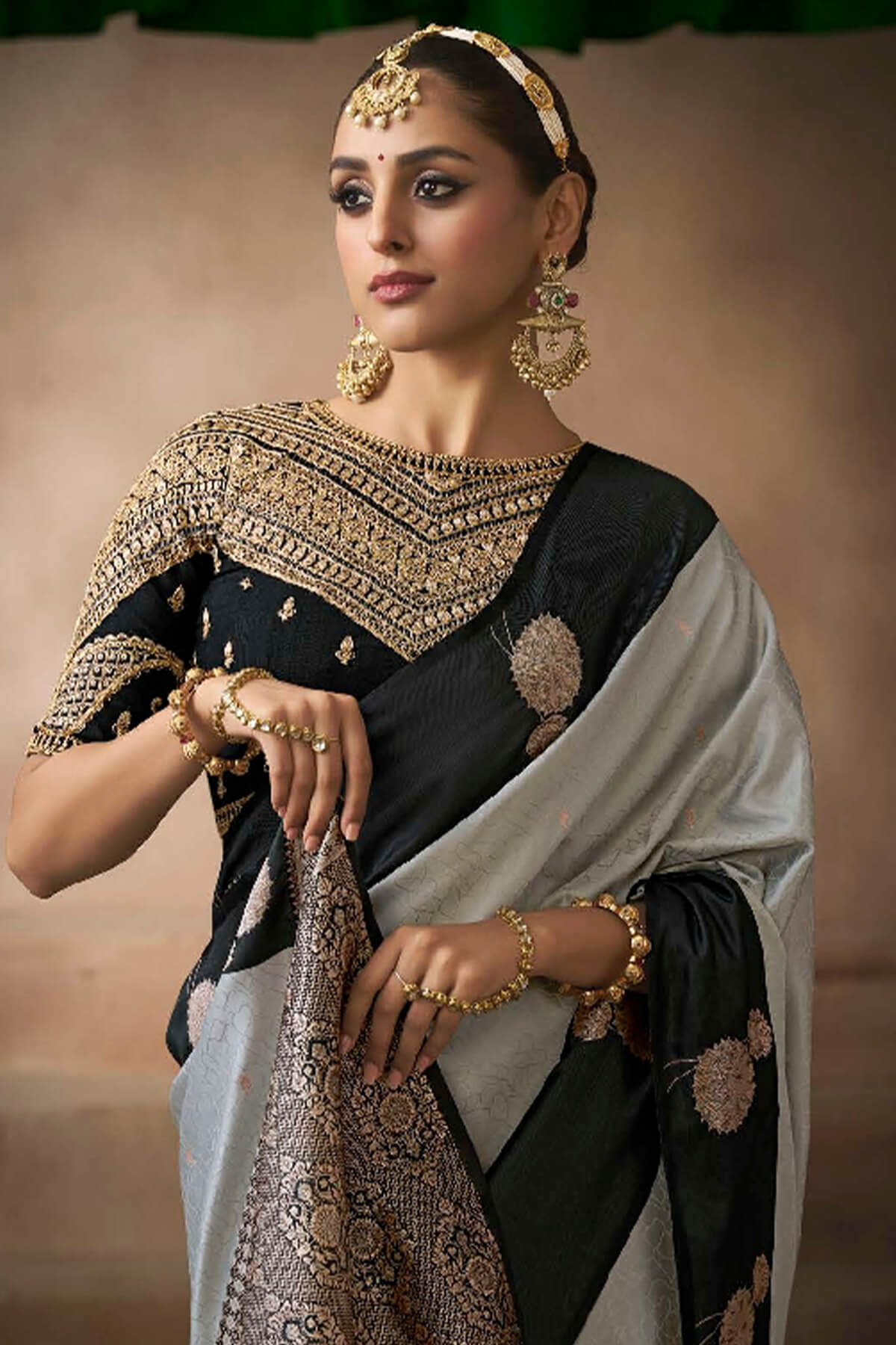 Resonant Grey Banarasi Satin Silk Saree With Enigmatic Blouse