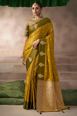 Cynosure Mustard Banarasi Satin Silk Saree With Imaginative Blouse