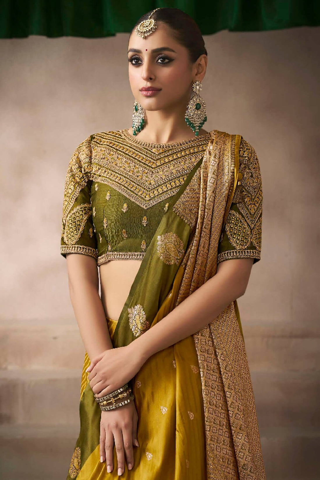 Cynosure Mustard Banarasi Satin Silk Saree With Imaginative Blouse