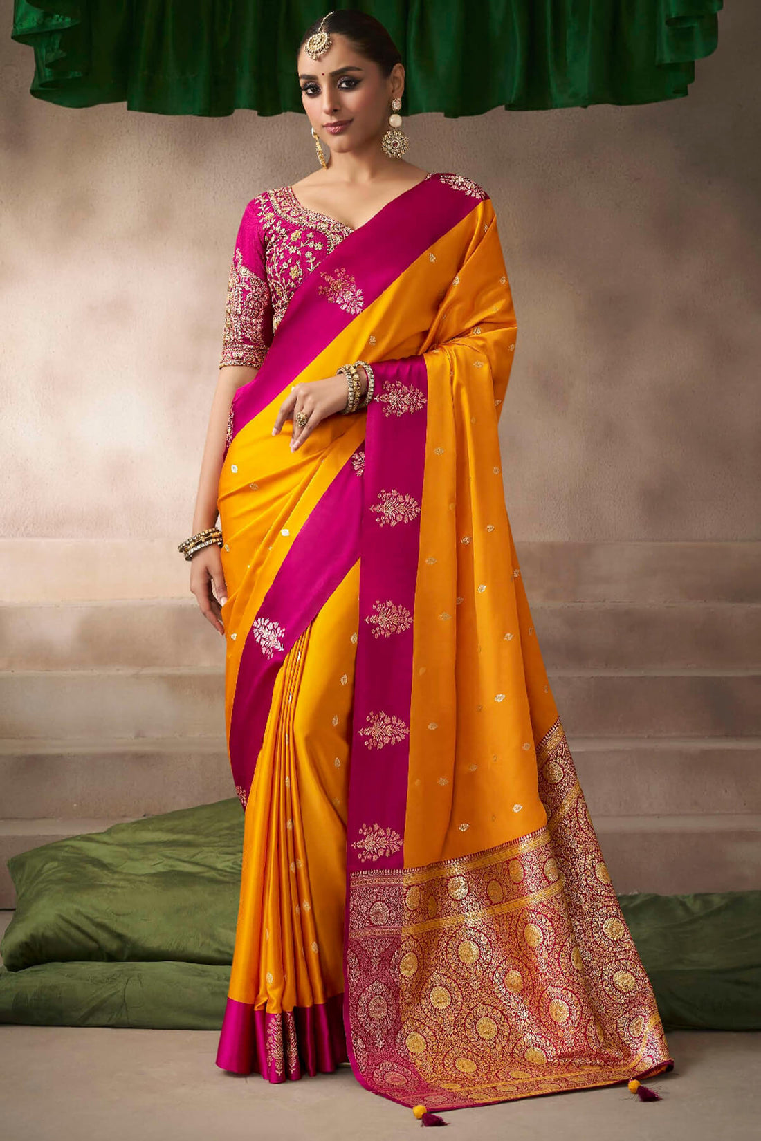 Stunning Yellow Banarasi Satin Silk Saree With Beguiling Blouse