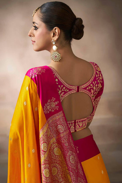 Stunning Yellow Banarasi Satin Silk Saree With Beguiling Blouse
