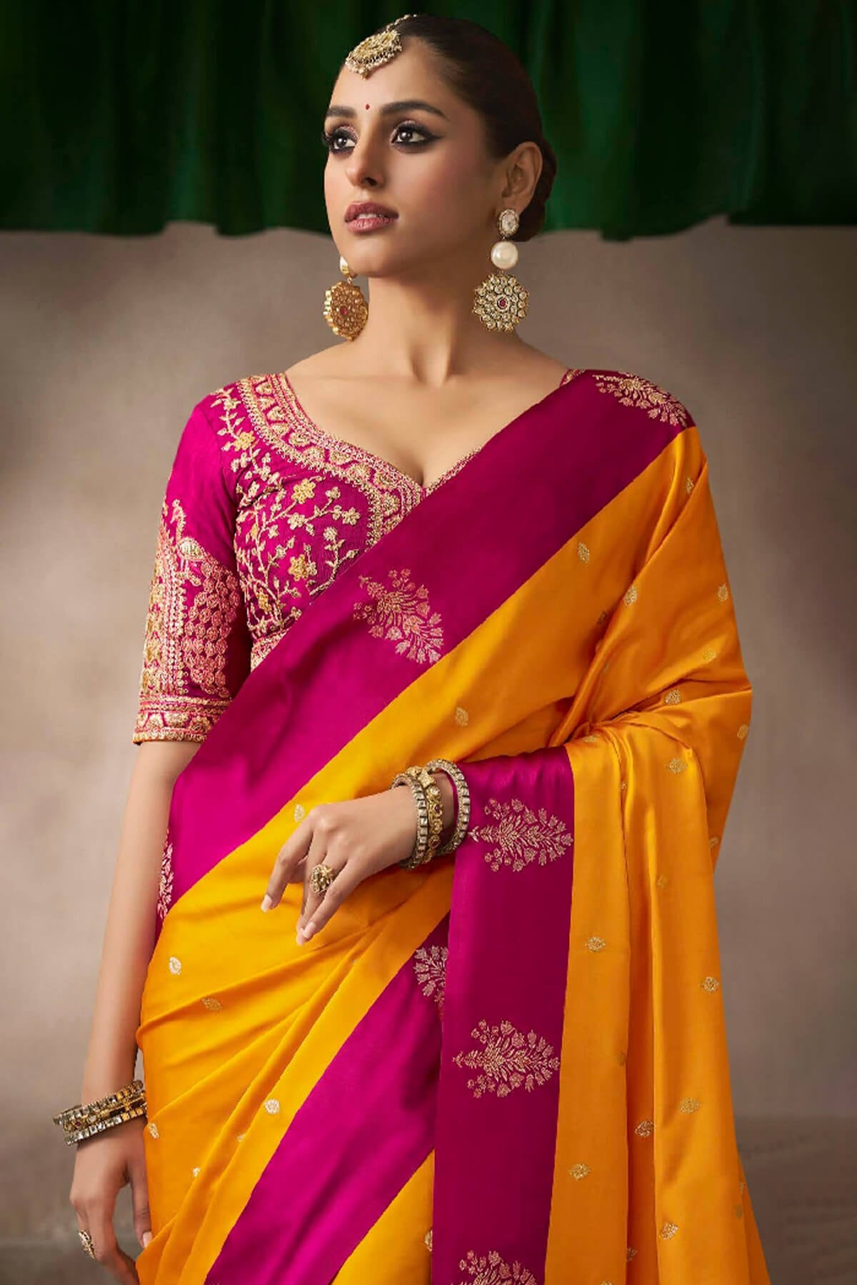 Stunning Yellow Banarasi Satin Silk Saree With Beguiling Blouse