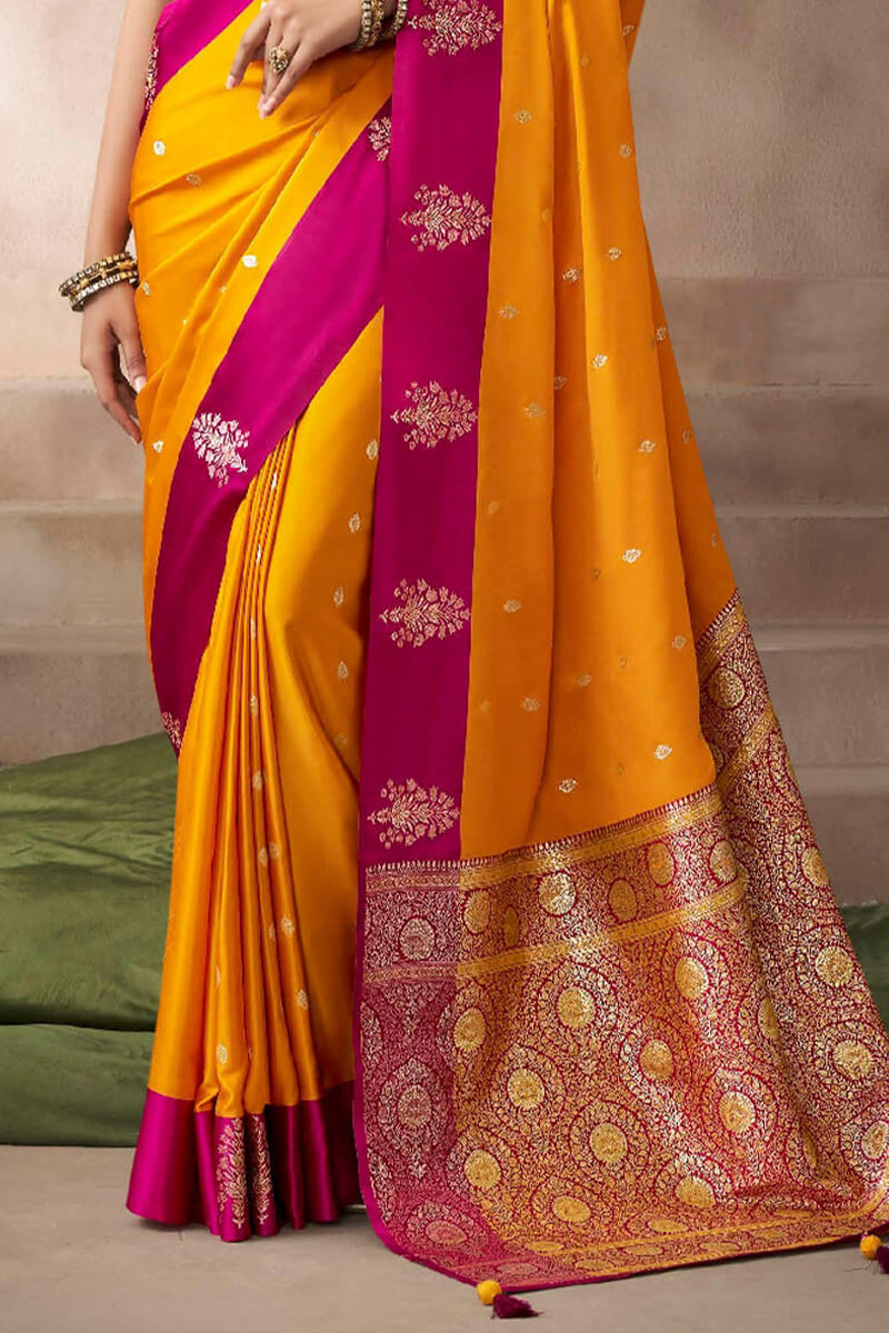 Stunning Yellow Banarasi Satin Silk Saree With Beguiling Blouse