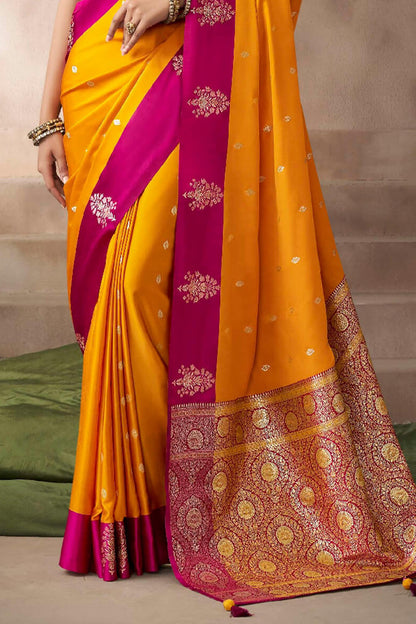 Stunning Yellow Banarasi Satin Silk Saree With Beguiling Blouse