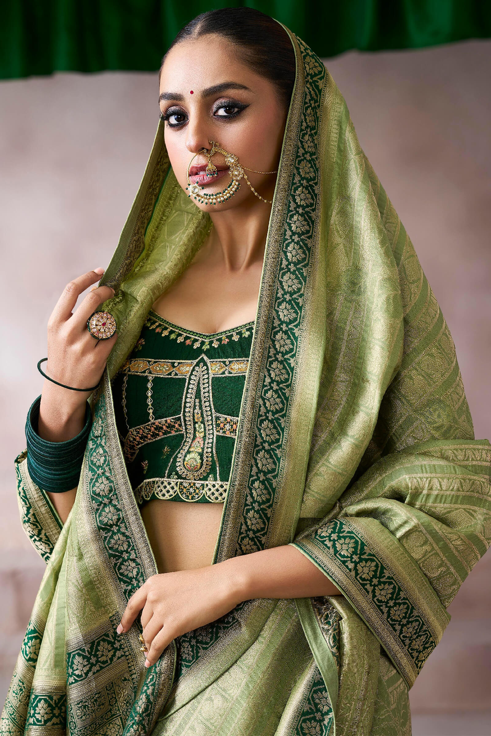 Flamboyant Green Banarasi Satin Silk Saree With Traditional Blouse