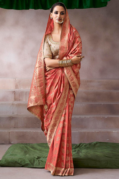 Pulsating Peach Banarasi Satin Silk Saree With Demure Blouse