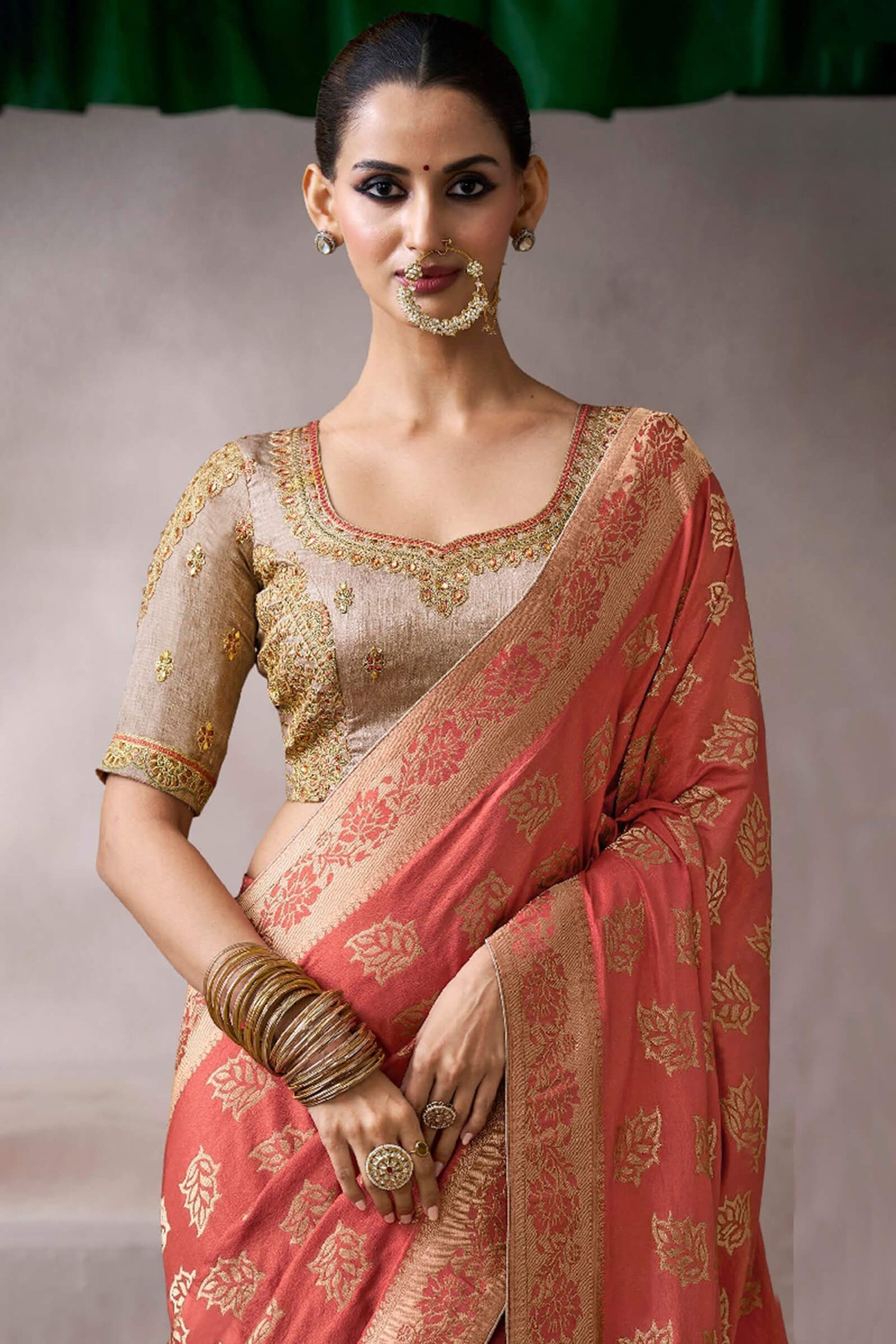 Pulsating Peach Banarasi Satin Silk Saree With Demure Blouse