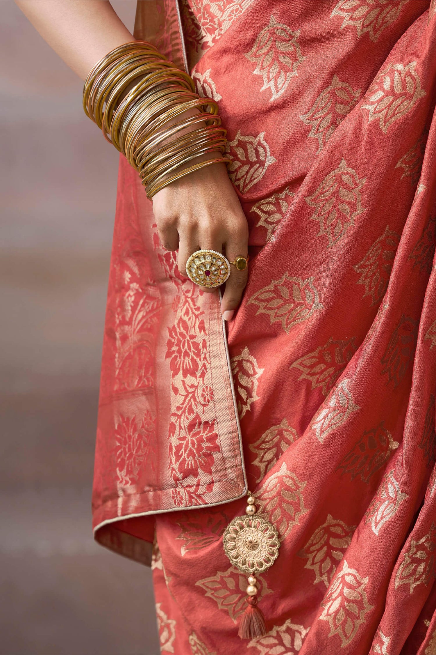 Pulsating Peach Banarasi Satin Silk Saree With Demure Blouse