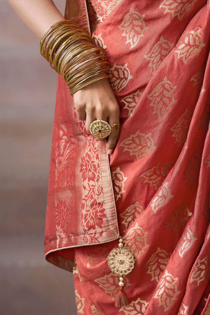 Pulsating Peach Banarasi Satin Silk Saree With Demure Blouse