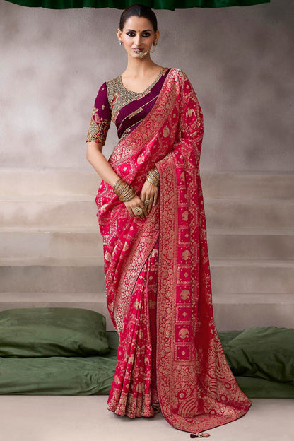 Mellifluous Red Banarasi Satin Silk Saree With Posh Blouse