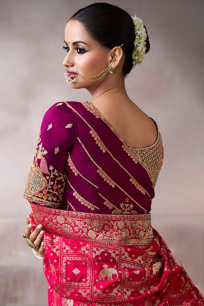 Mellifluous Red Banarasi Satin Silk Saree With Posh Blouse