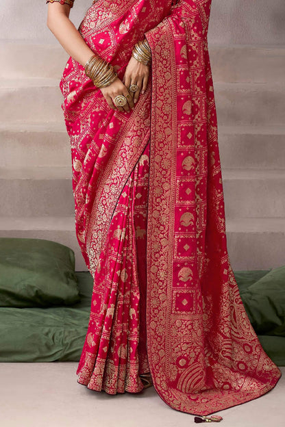 Mellifluous Red Banarasi Satin Silk Saree With Posh Blouse