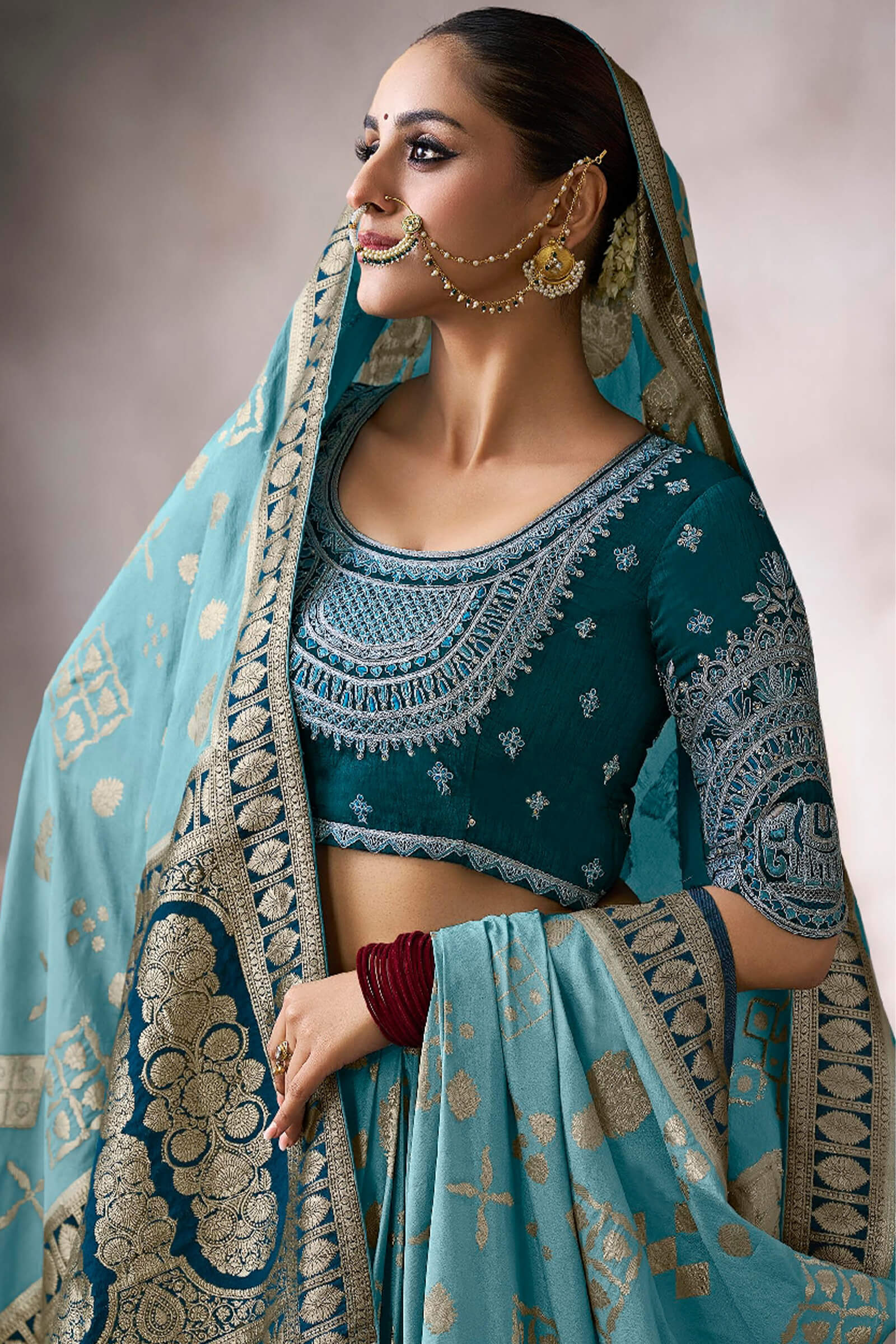 Stylish Firozi Banarasi Satin Silk Saree With Exuberant Blouse