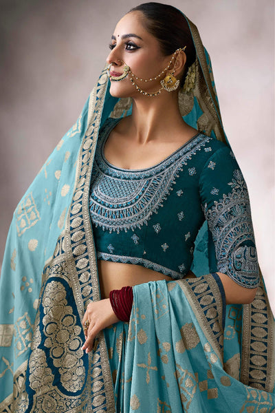 Stylish Firozi Banarasi Satin Silk Saree With Exuberant Blouse