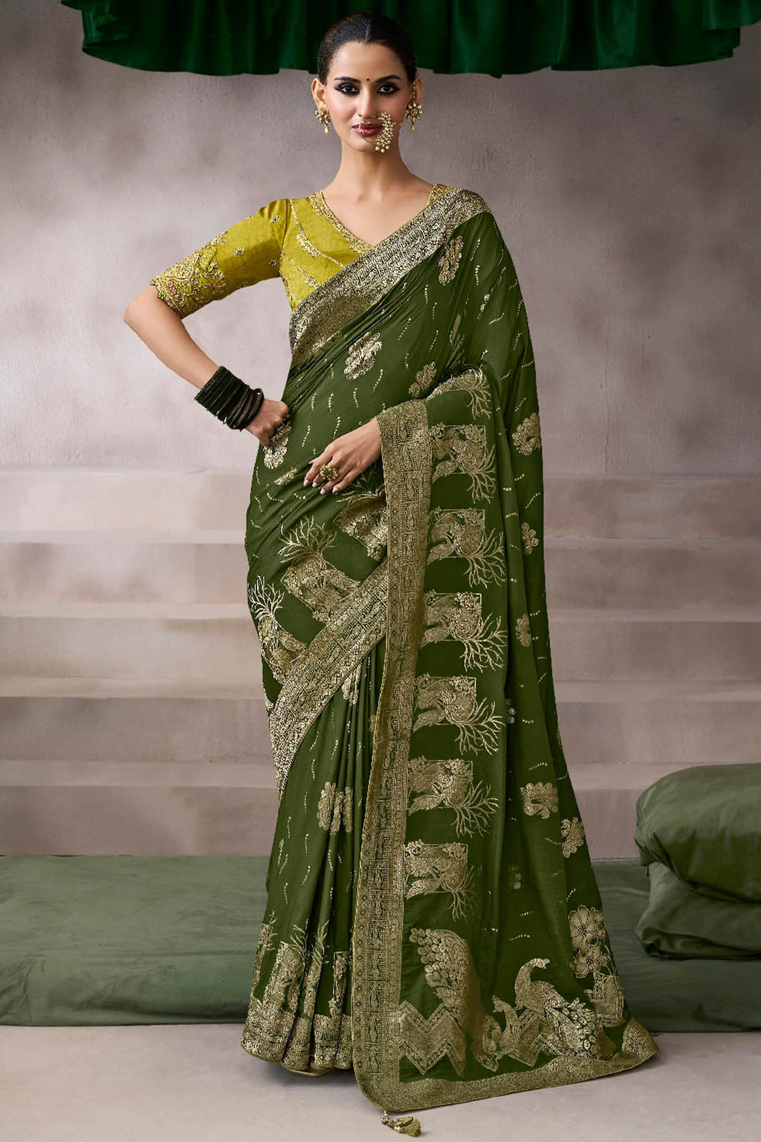 Classic Dark Green Banarasi Satin Silk Saree With Mesmeric Blouse