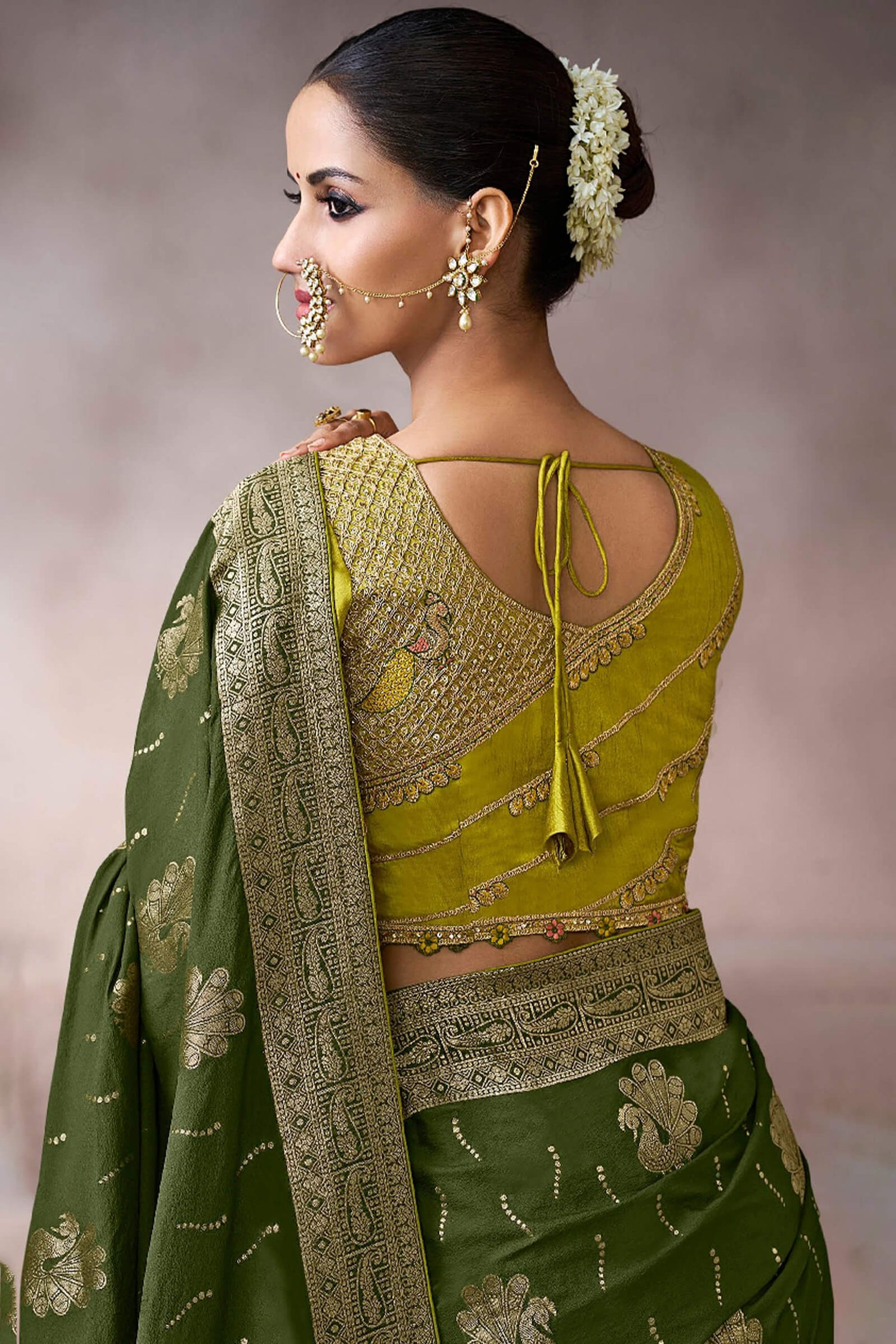 Classic Dark Green Banarasi Satin Silk Saree With Mesmeric Blouse