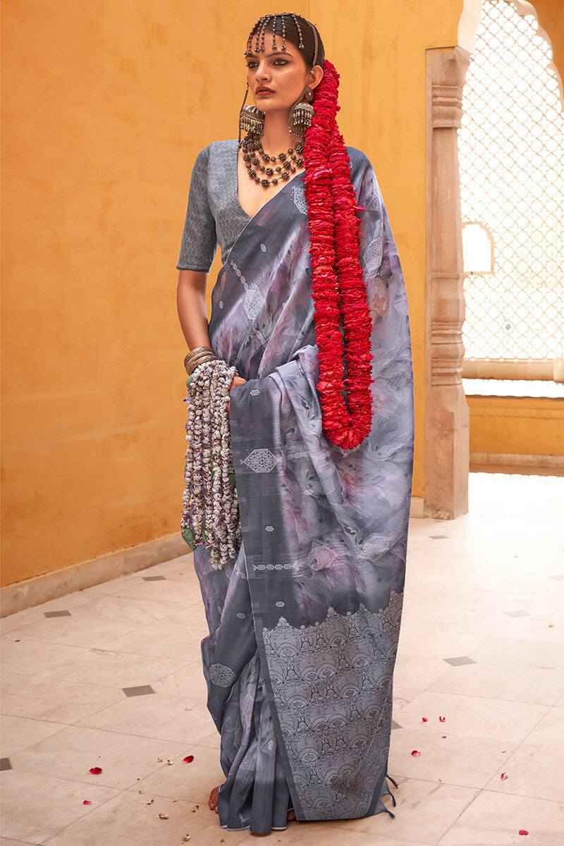Gleaming Grey Digital Printed Cotton Silk Saree With Delightful Blouse Piece