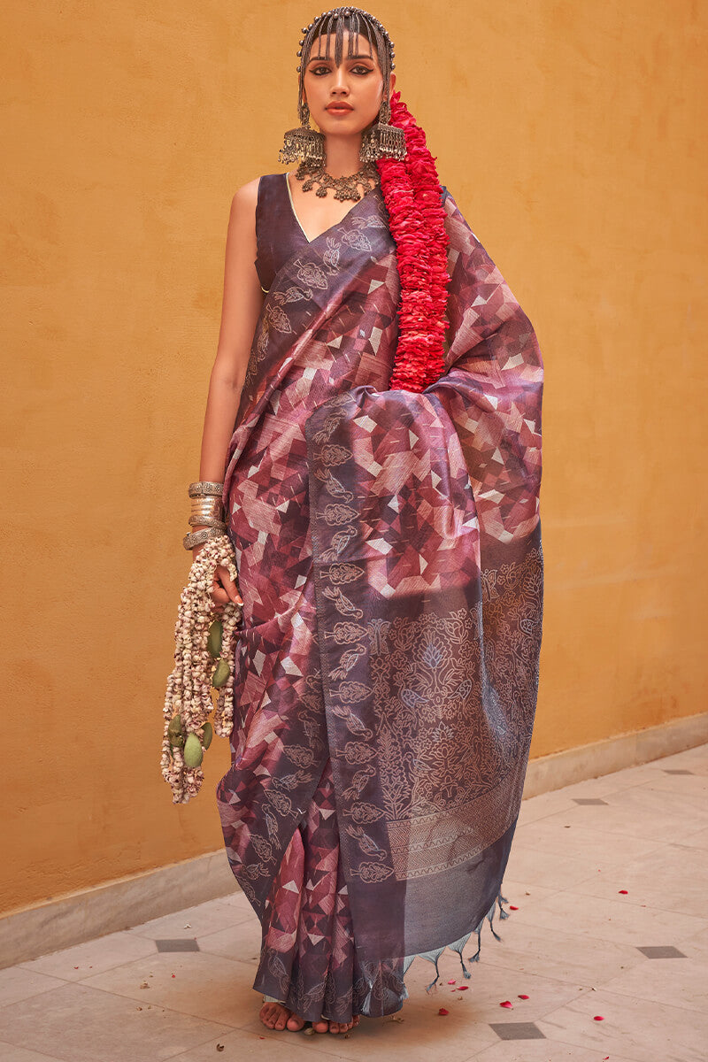 Tremendous Wine Digital Printed Cotton Silk Saree With Amazing Blouse Piece