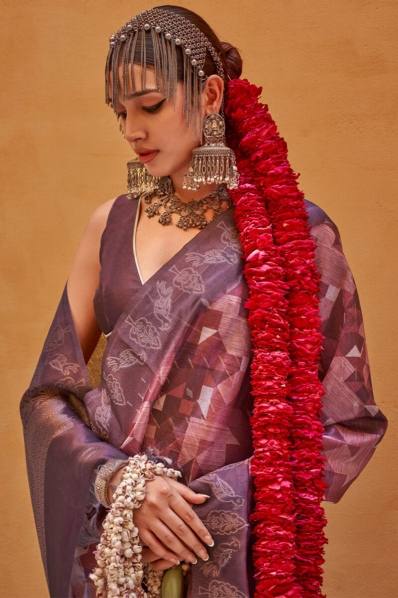 Tremendous Wine Digital Printed Cotton Silk Saree With Amazing Blouse Piece