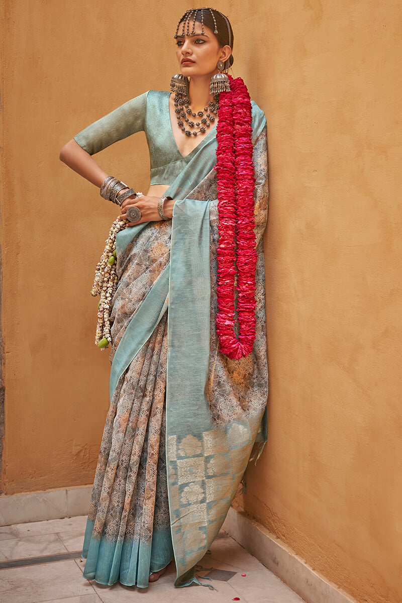 Unequalled Brown Digital Printed Cotton Silk Saree With Denouement Blouse Piece