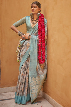 Unequalled Brown Digital Printed Cotton Silk Saree With Denouement Blouse Piece