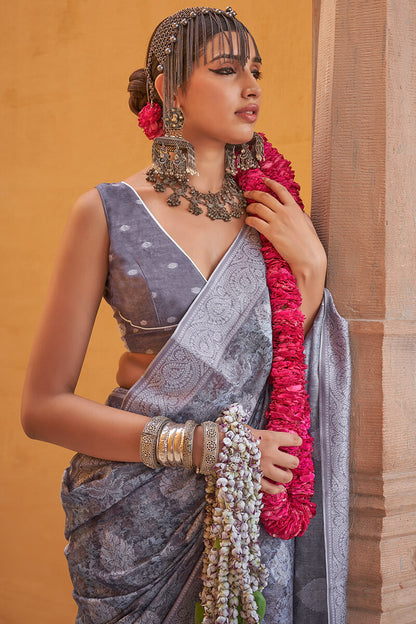 Unequalled Grey Digital Printed Cotton Silk Saree With Zephyr Blouse Piece