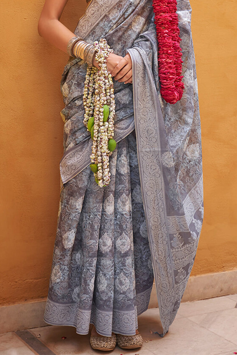 Unequalled Grey Digital Printed Cotton Silk Saree With Zephyr Blouse Piece
