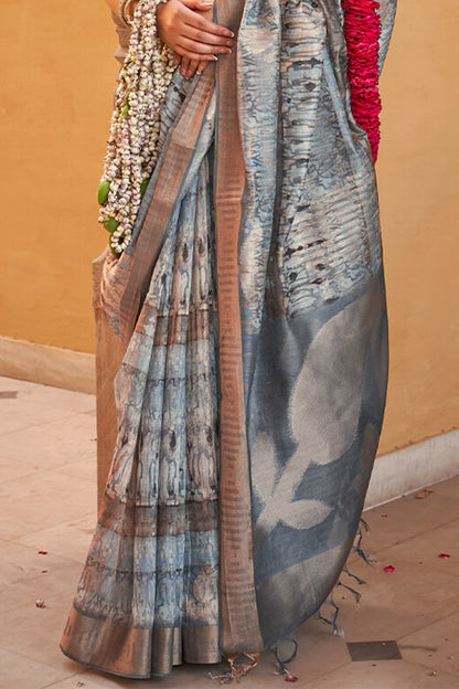 Skinny Grey Digital Printed Cotton Silk Saree With Gratifying Blouse Piece