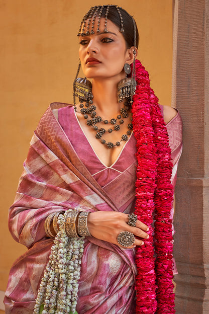 Entrancing Wine Digital Printed Cotton Silk Saree With Scrumptious Blouse Piece