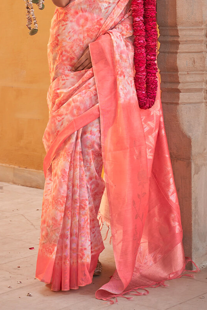 Enticing Peach Digital Printed Cotton Silk Saree With Panache Blouse Piece