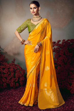 Staggering Yellow Banarasi Silk Saree With Embroidery Blouse Piece