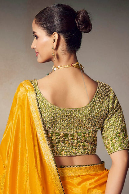 Staggering Yellow Banarasi Silk Saree With Embroidery Blouse Piece