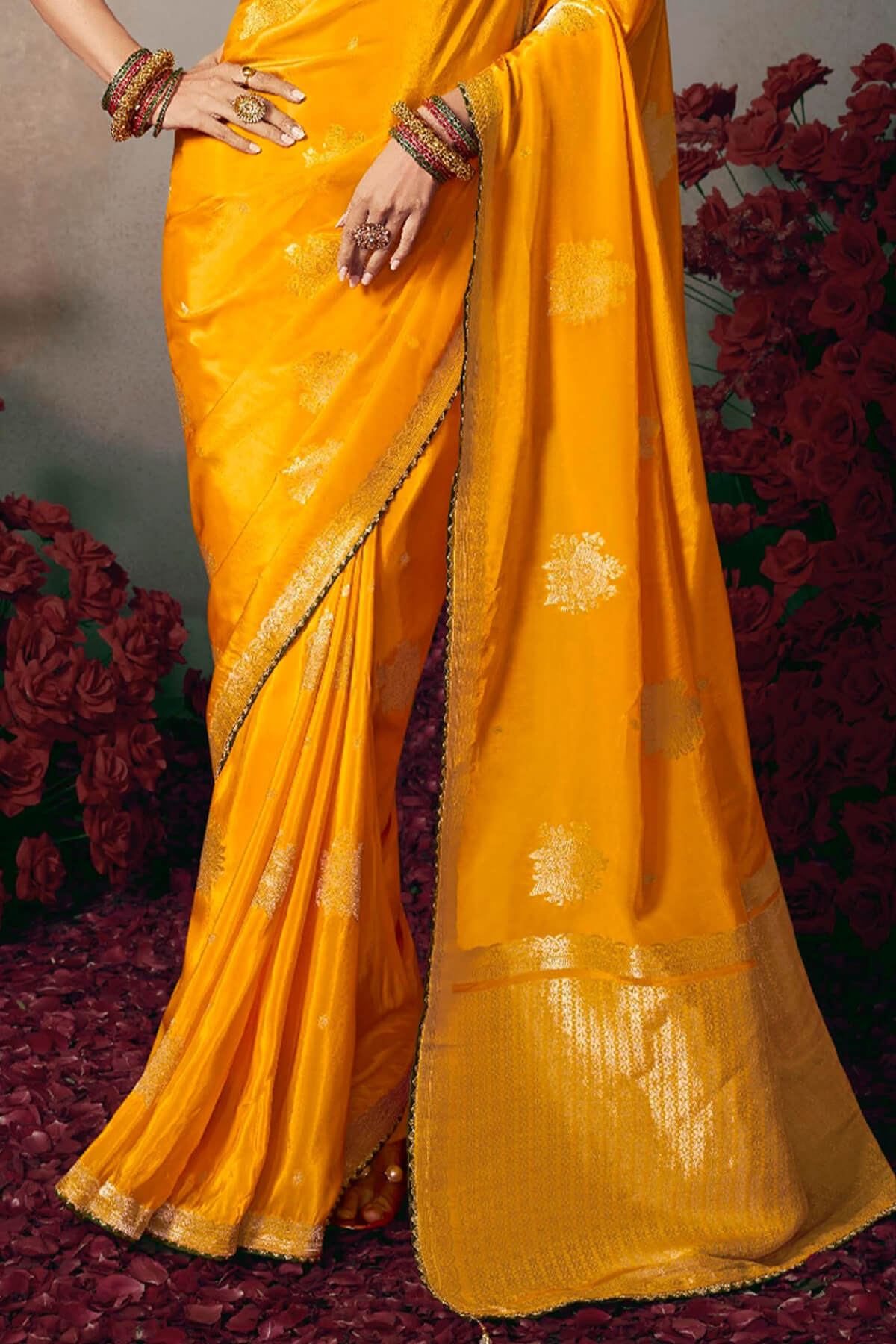Staggering Yellow Banarasi Silk Saree With Embroidery Blouse Piece