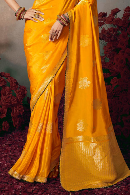 Staggering Yellow Banarasi Silk Saree With Embroidery Blouse Piece
