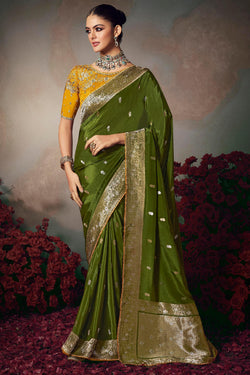 Majestic Dark Green Banarasi Silk Saree With Embroidery Blouse Piece