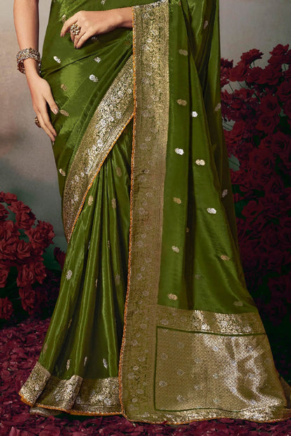 Majestic Dark Green Banarasi Silk Saree With Embroidery Blouse Piece