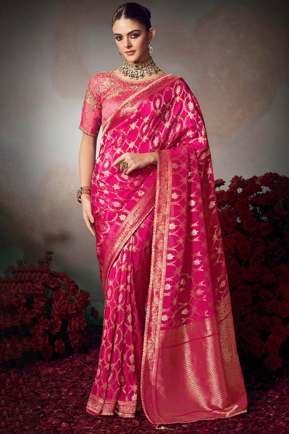 Intricate Dark Pink Banarasi Silk Saree With Embroidery Blouse Piece
