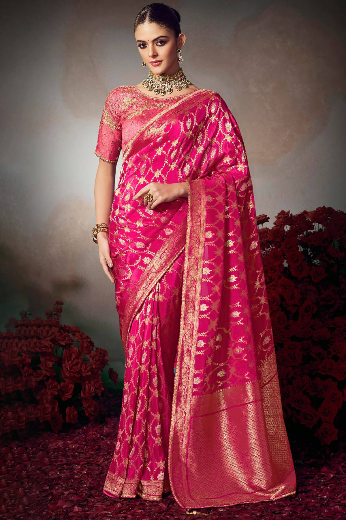 Intricate Dark Pink Banarasi Silk Saree With Embroidery Blouse Piece