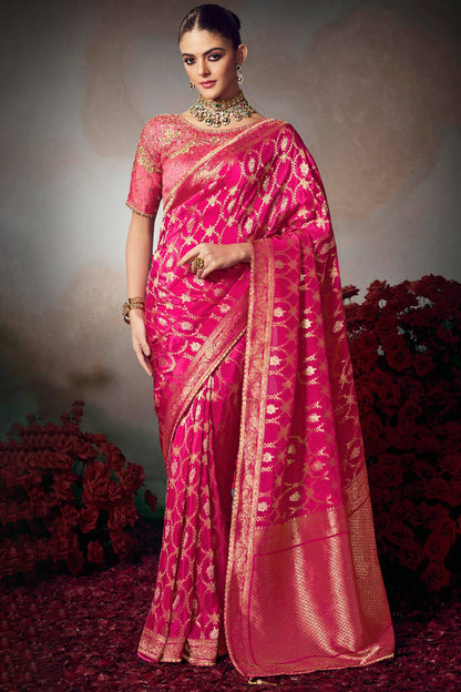 Intricate Dark Pink Banarasi Silk Saree With Embroidery Blouse Piece